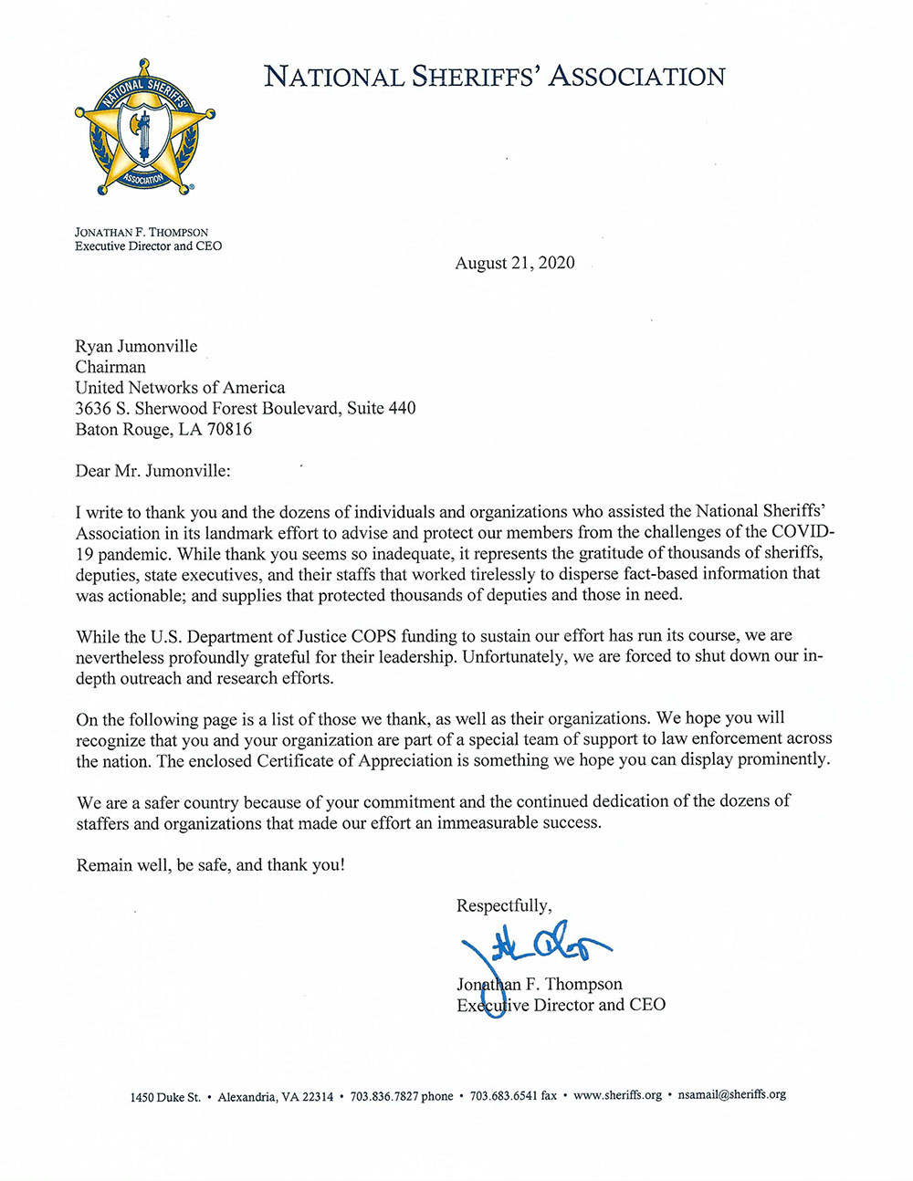 National Seriffs' Association Letter